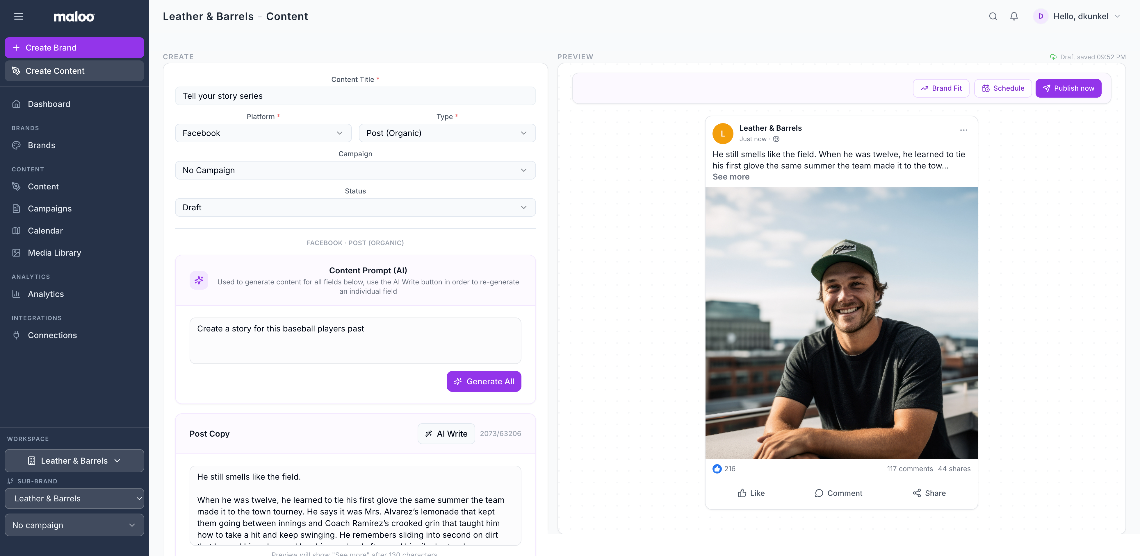 Maloo content editor with AI-generated copy and brand fit scoring