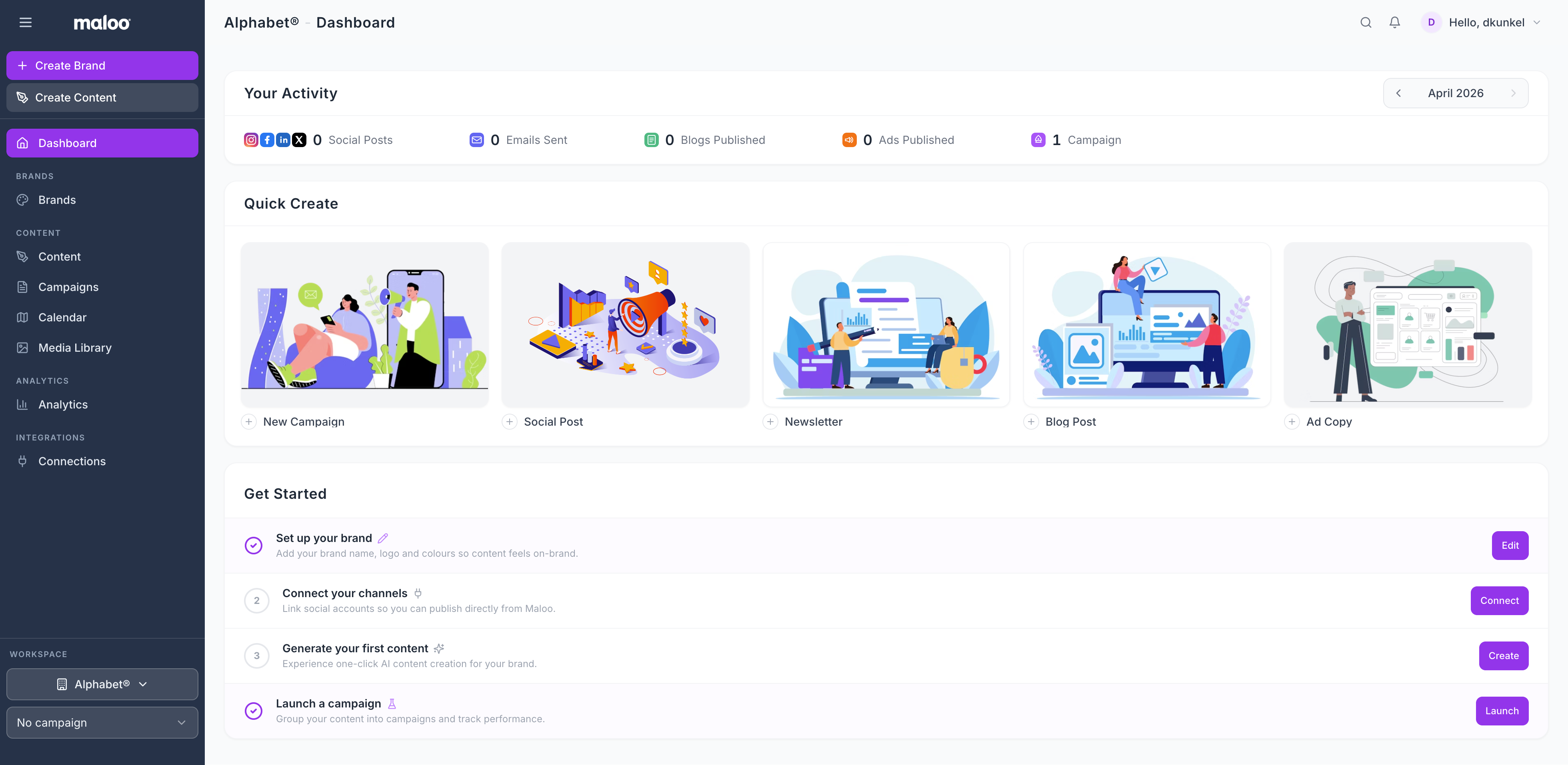 Maloo platform dashboard showing brand health scores and recent activity